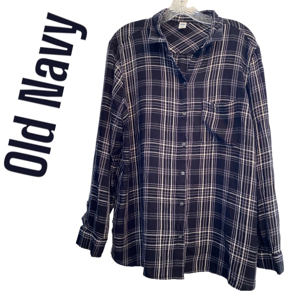 Old Navy Black and White Plaid Striped Button Up Long Sleeve Shirt Xl